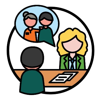 A professional having a meeting with someone. There is speech bubble coming from them showing the other person getting support.