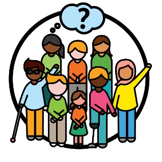 A large group of people beneath a question mark inside of a thought bubble.