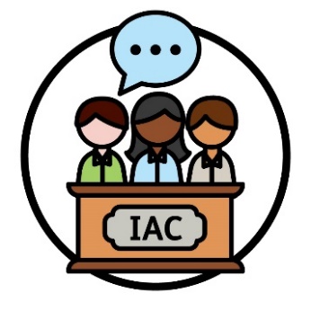 3 IAC Members behind a bench that says 'IAC'. Above them is a speech bubble.