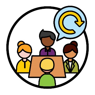 A person from the NDIA having a meeting with IAC Members. Above the NDIA worker is an update icon inside of a speech bubble.