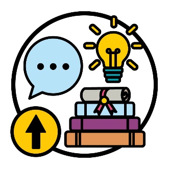 A speech bubble, a lightbulb, a stack of books and an arrow pointing up.