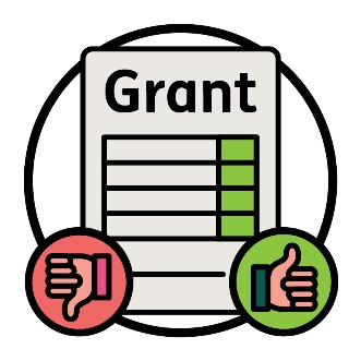 A grant document, a thumbs down and a thumbs up.