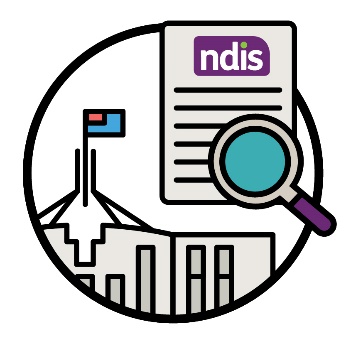 A government building, an NDIS document and a magnifying glass.