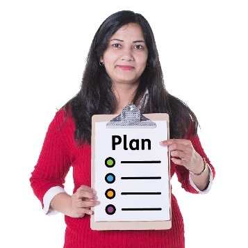 A person holding up a clipboard with a Plan icon it. 