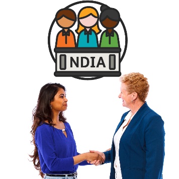 Two people shaking hands with an N D I A icon above. 