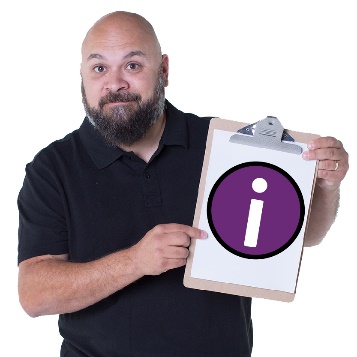 A person holding a clipboard with an information icon on it. 