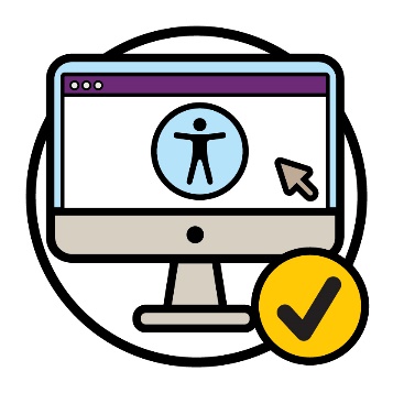 A computer icon with an accessibility symbol on it and a tick. 