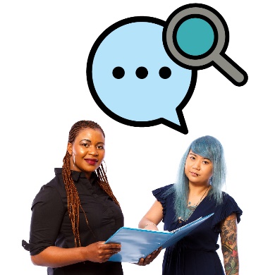 Two people talking about a document. one person is pointing at it, and has a speech bubble with a review symbol in it. 