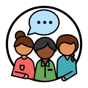 A group of people with a speech bubble above. 