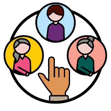 A hand pointing between three different people. 