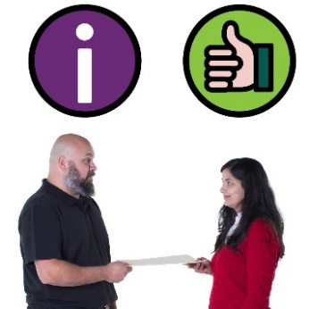 Two people exchanging a document. Above is an information icon and a thumbs up icon. 