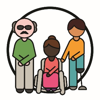 A group of three people. A person appears blind, another is in a wheelchair, and the other is an amputee. 