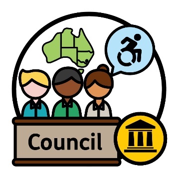 Three people behind a panel saying Council with a government icon. There is a map of Australia showing the states and territories. One of the people has a speech bubble with a disability icon inside it. 