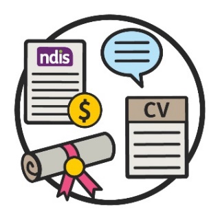 Icons of an NDIS plan, a CV or resume, and a certificate symbol. 