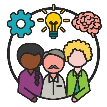 A group of people with three icons above their heads. There is a services icon, a brain and an ideas symbol. 