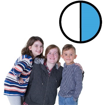 Three young people. Above is a circle with half of it shaded in. 