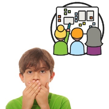 A child with their hands over their mouth. Above is a group of people working on a project. 