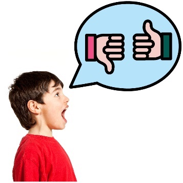 A young child with a speech bubble. In the bubble is a thumbs down and a thumbs up. 