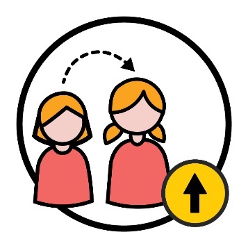 An icon of a young child becoming an adult. There is an arrow pointing up next to them. 