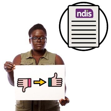 A person with an NDIS icon above their head. There is a thumbs down becoming a thumbs up in front of them. 