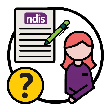 An NDIS icon with a pen next to an NDIS worker. There is a question mark nearby. 