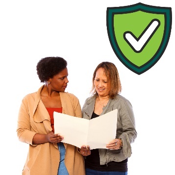 Two people reading a document with a safety icon above their head. 