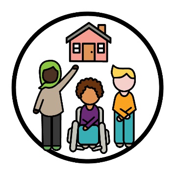 Three people with disability, with a house icon above their head. 