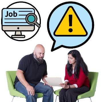 Two people talking about a document. One person has a speech bubble with an issues icon inside it. Above is a job find icon. 