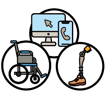 pictures of a wheelchair, a prosthetic leg and a screen