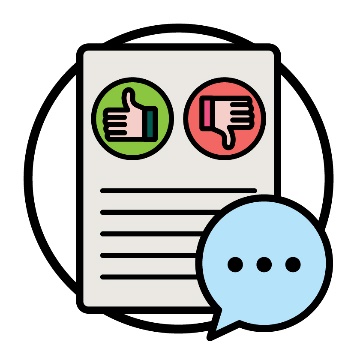 A document with a thumbs up and a thumbs down on it. There is a speech bubble next to it. 
