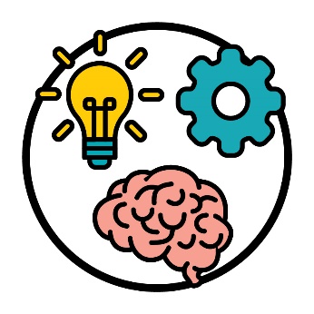 3 icons inside of a circle. The icons are: a lightbulb, a learning icon of a cog and a brain.