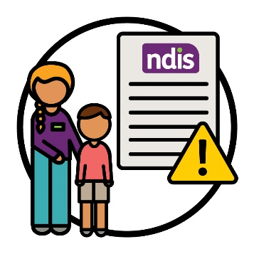 An NDIS worker supporting a younger person next to an NDIS document and a problem icon.