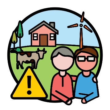 A person supporting someone on a farm and a problem icon. 