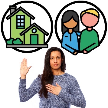 A person raising their hand below 2 icons. The icons are a house and a person supporting someone else.
