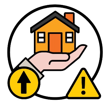 A hand holding a house, an arrow pointing up and a problem icon.