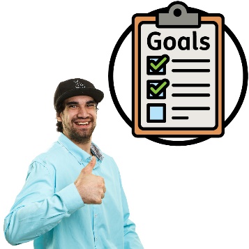 A participant giving a thumbs up next to a goals document showing a list with ticks.
