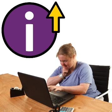 A person using a laptop beneath an information icon and an arrow pointing up.