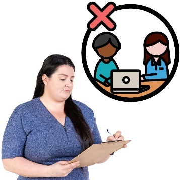A behaviour support practitioner writing in a document next to an icon of a behaviour support practitioner using a laptop with a participant. Above them is a cross.