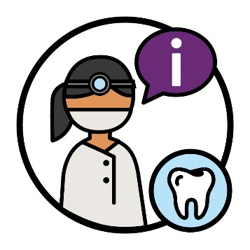 A dentist beneath an information icon inside of a speech bubble.
