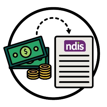 A stack of money with an arrow pointing to an NDIS document.