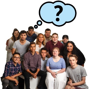 A large group of people beneath a question mark inside of a thought bubble.