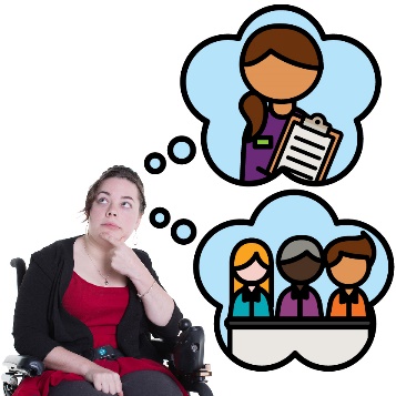 A person thinking beneath 2 thought bubbles. One thought bubble shows an NDIS worker. The other thought bubble shows 3 people behind a bench.