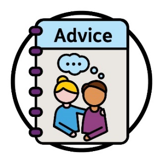 An advice document showing a person supporting someone. There is a thought bubble above the person being supported.