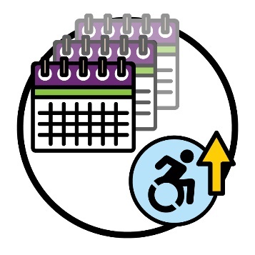 A stack of 3 calendars and a disability icon with an arrow pointing up.