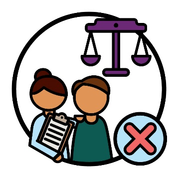 A person supporting someone in the justice system next to a cross. Above them is a set of justice scales.