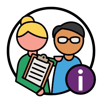 A person holding a clipboard and supporting someone. Next to them is an information icon.