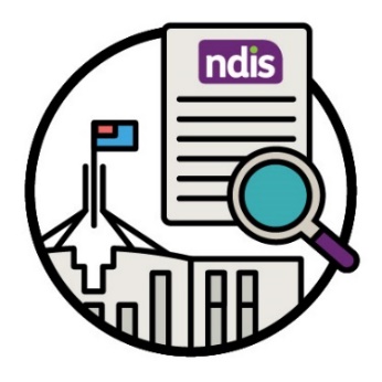 An NDIS document with a magnifying glass. Next to the document is the Parliament House building.
