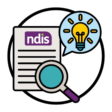 An NDIS document with a magnifying glass and a speech bubble that shows a lightbulb.