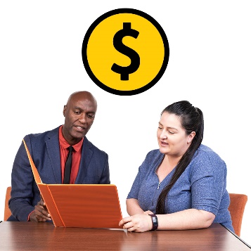 A person supporting someone to read a document. Above them is a dollar sign.