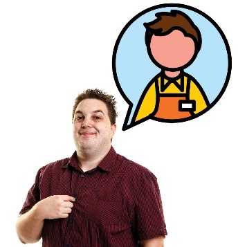 A person pointing to themselves and above them is a speech bubble that shows them in a work uniform.